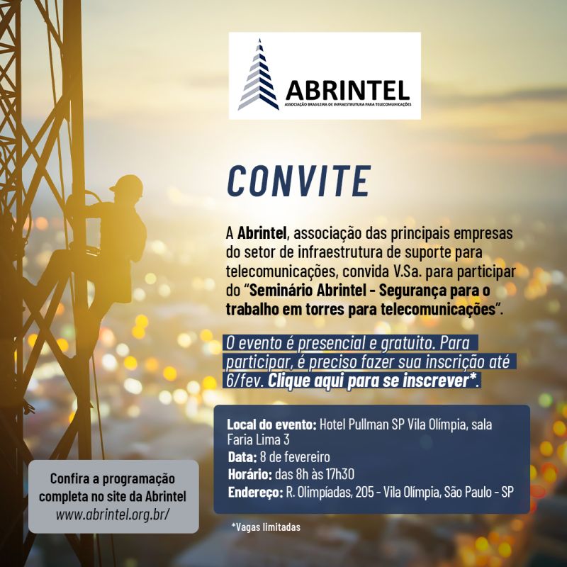 Abrintel realiza seminário sobre segurança para trabalho em altura  realizado em torres para telecomunicações